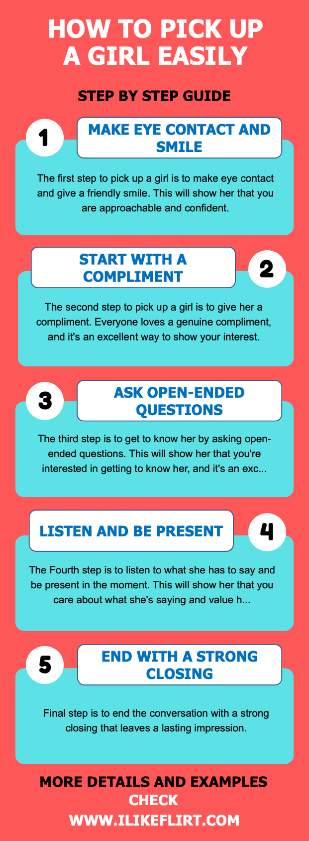 Infographic showing 5 simple steps to How to pick up a girl easily.