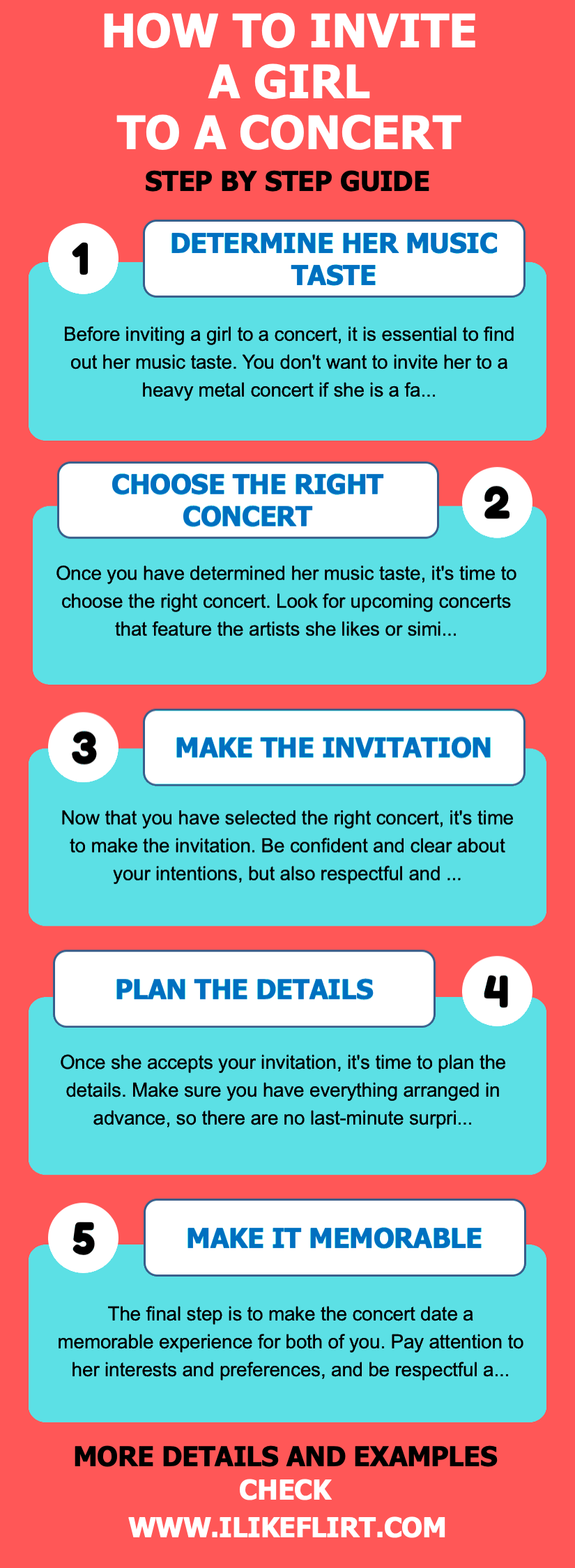 Infographic showing 5 simple steps to invite a girl to a concert.