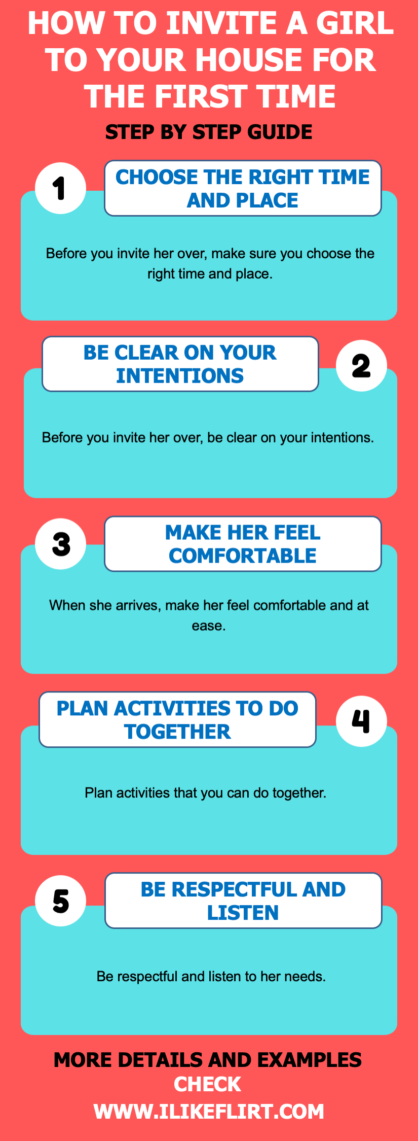 Infographic showing 5 simple steps to invite a girl to your house for the first time.