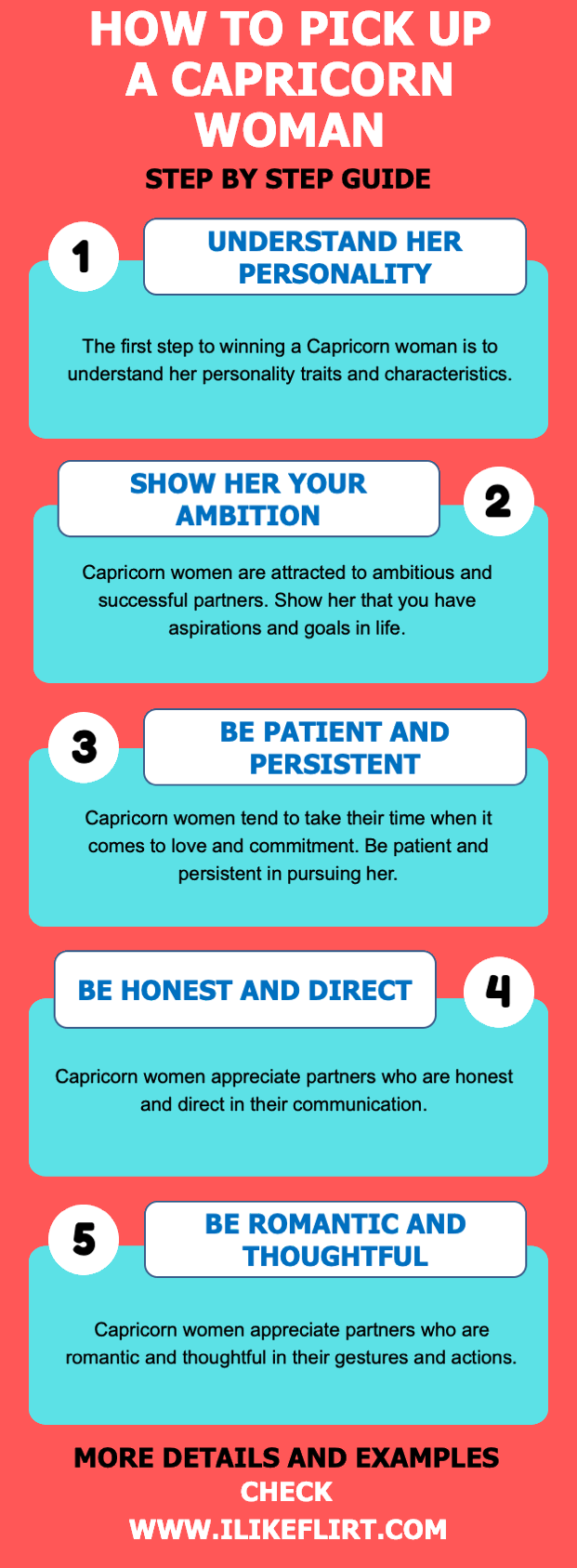 Infographic showing 5 simple steps to pick up a capricorn woman.