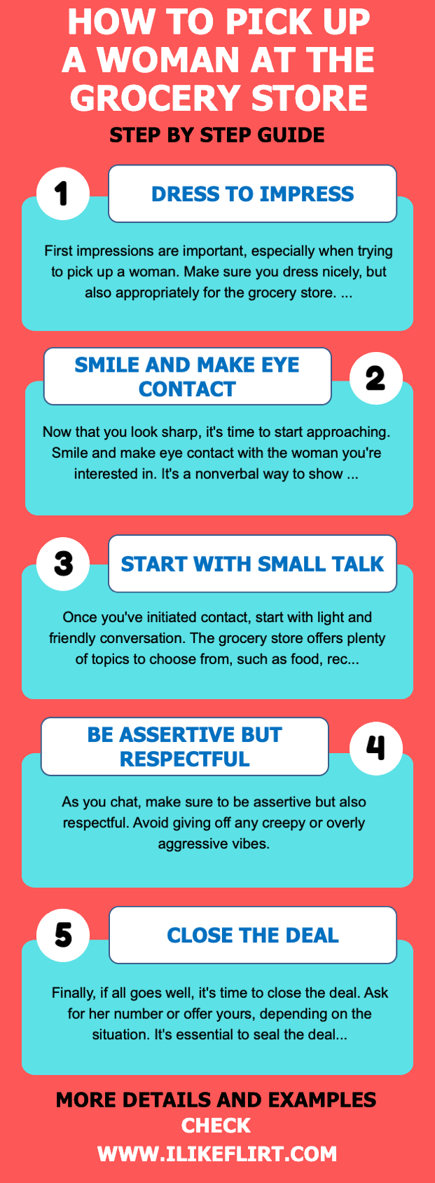 Infographic showing 5 simple steps to pick up a woman at the grocery store.